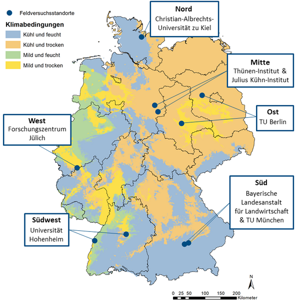 Die Karte bildet die 10 Versuchsstandorte in 6 Regionen in Deutschland ab.